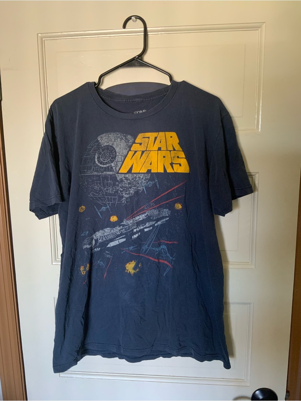 Star Wars Navy Short Sleeve Tee with Yellow Logo and Space Graphic